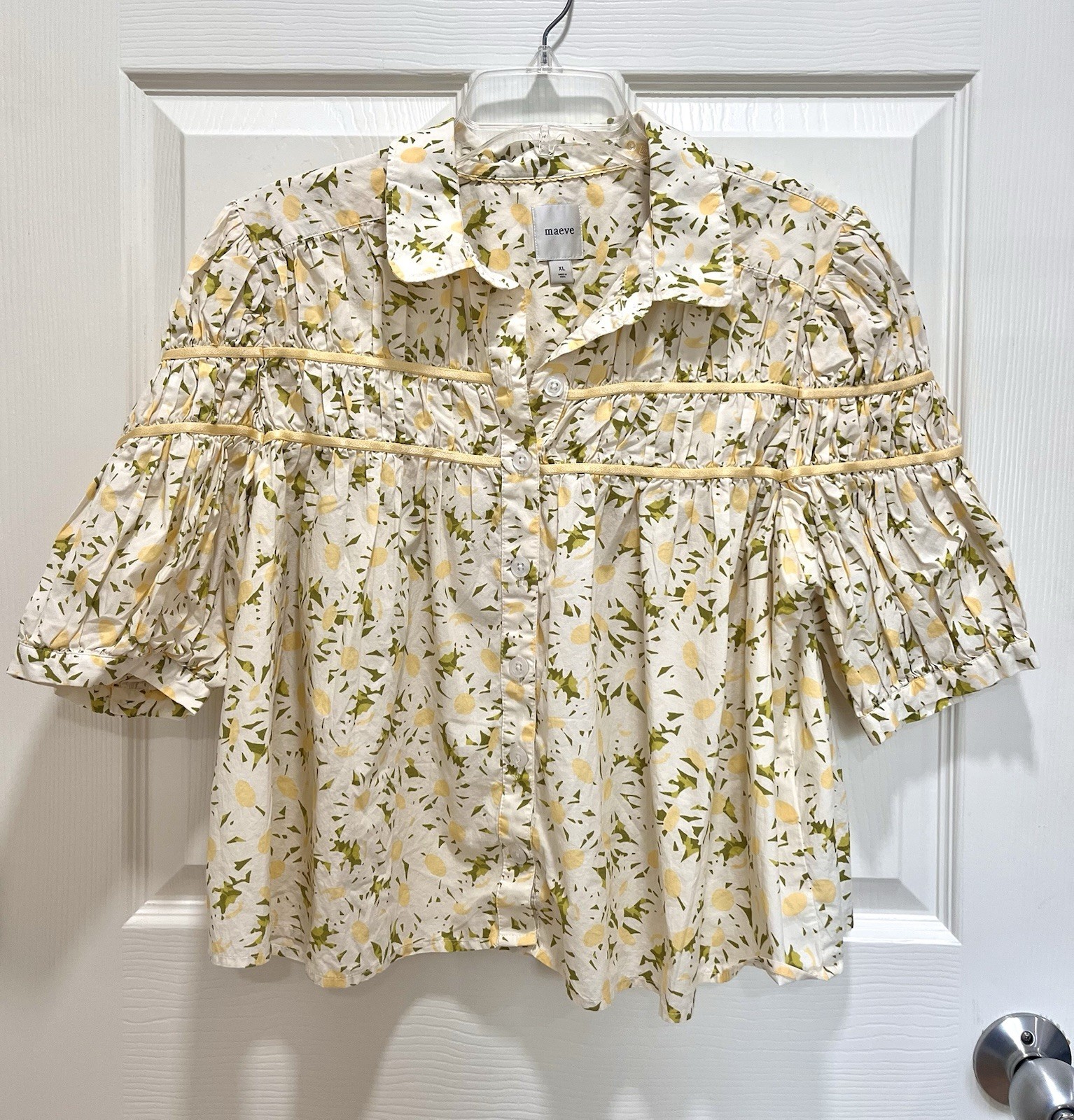 MAEVE Anthropologie The Leandra Shirred Yoke Blouse Yellow Green Floral Daisy XL