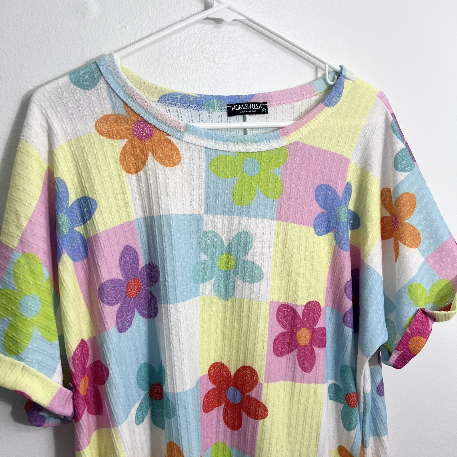 Heimish USA Colorful Daisy Floral Oversized Textured Blouse Top Large Hippy Boho