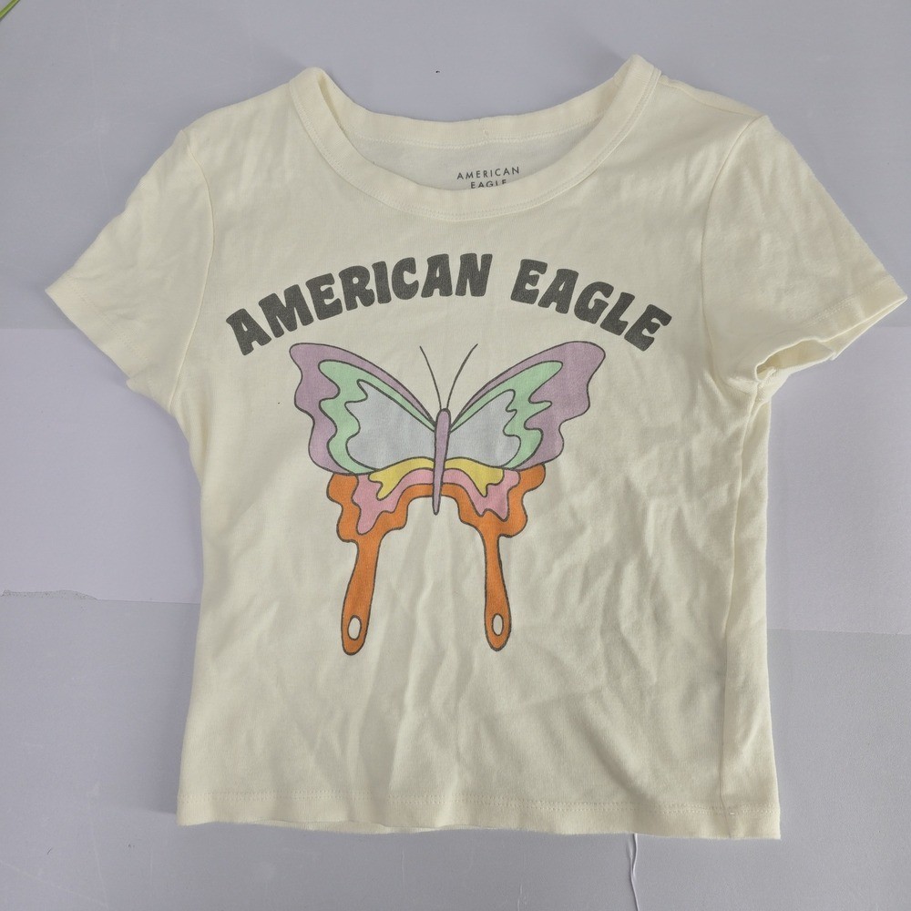 American Eagle Graphic Butterfly T Shirt Cream Womens Size S