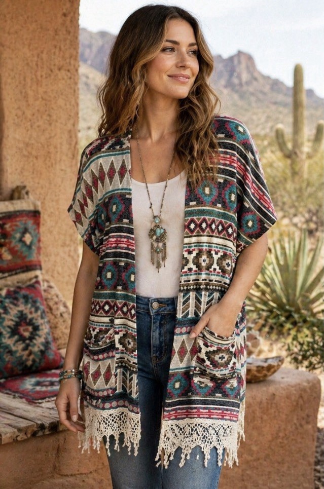 Easel Kimono Cardigan Aztec Open Front Coachella M Southwestern Festival YY09