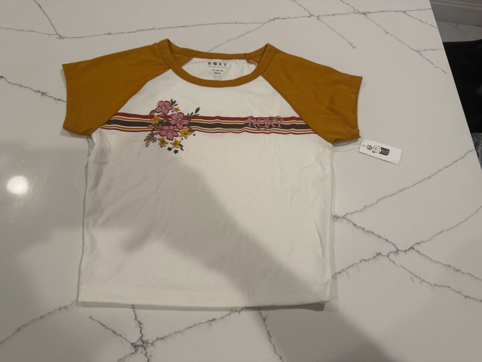 Roxy Retro Heritage Striped Cropped Baby Tee in Buckthorn Brown