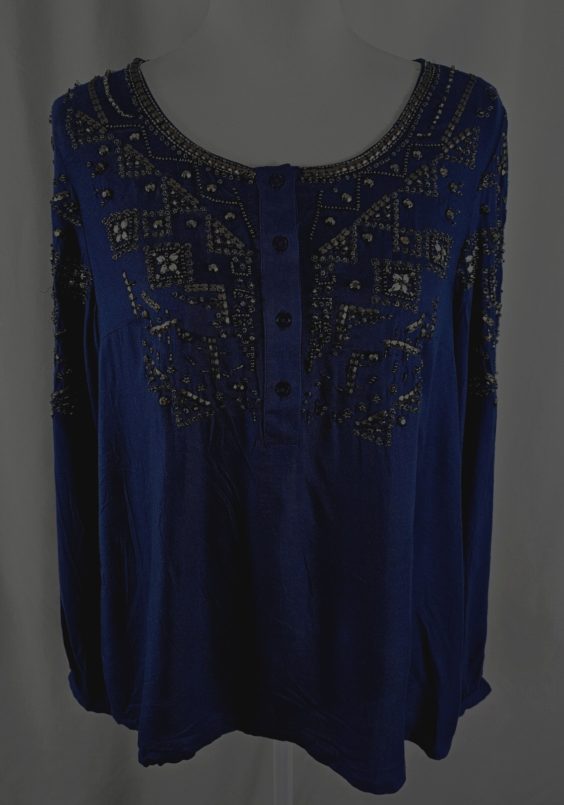 Sundance Womens Blouse Partial Button Navy Blue Jewels Viscose Medium