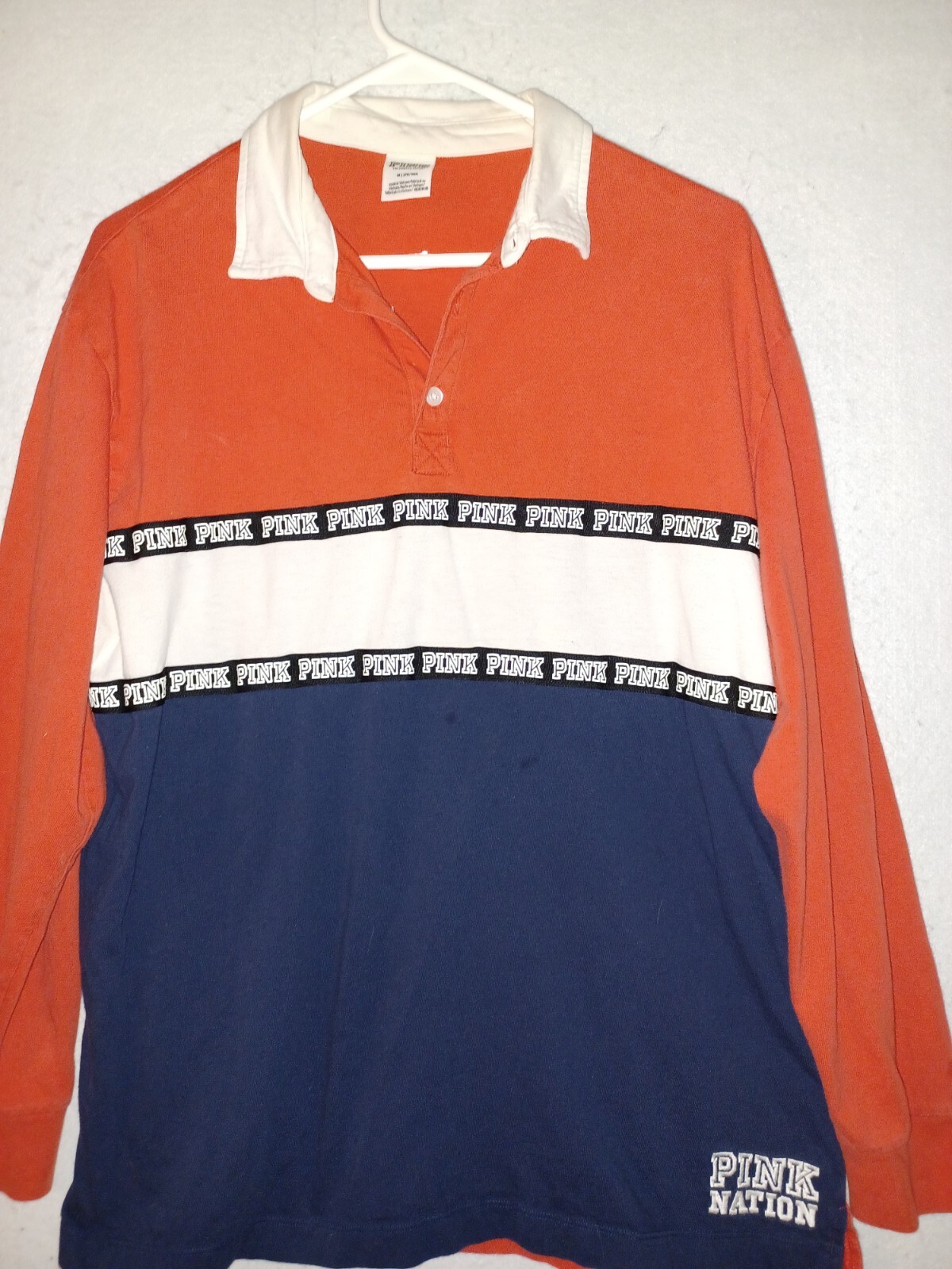Victoria Secret PINK Nation Polo Shirt M cotton color block red white blue logo