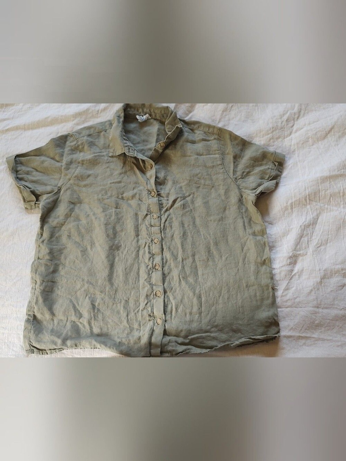 Sigrid Olsen Casual Short-Sleeve Button-Down Shirt Olive Green Collar 100% Linen