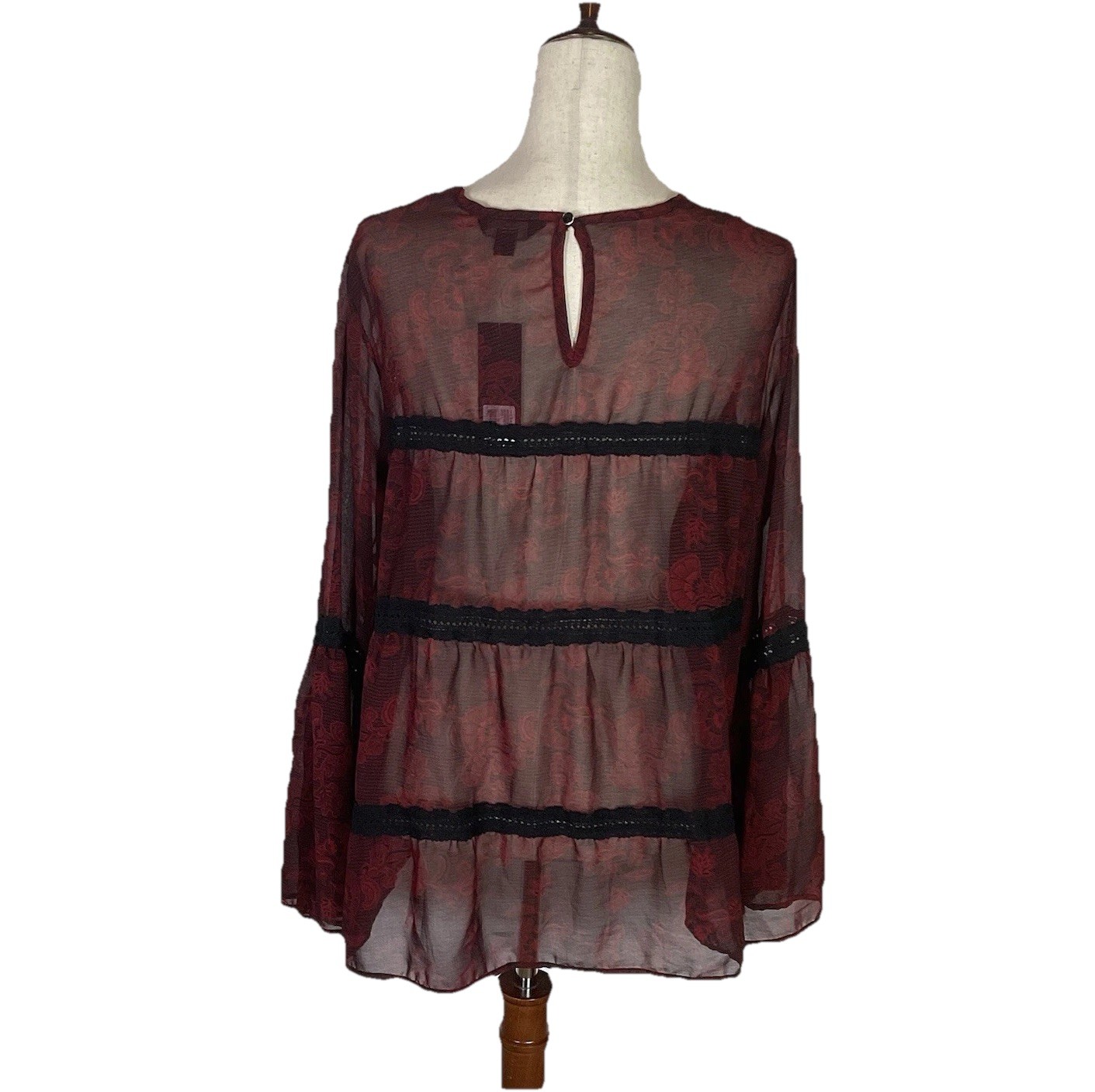 NWT GNW Black Red Floral Sheer Top SZ Large Flare Sleeve Dark Romantic Witchy