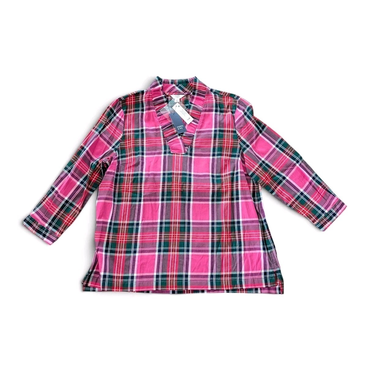 Crown & Ivy Shirt Womens Large Plaid Ruffle Split Neck Tunic 3/4 Sleeve Top NWT