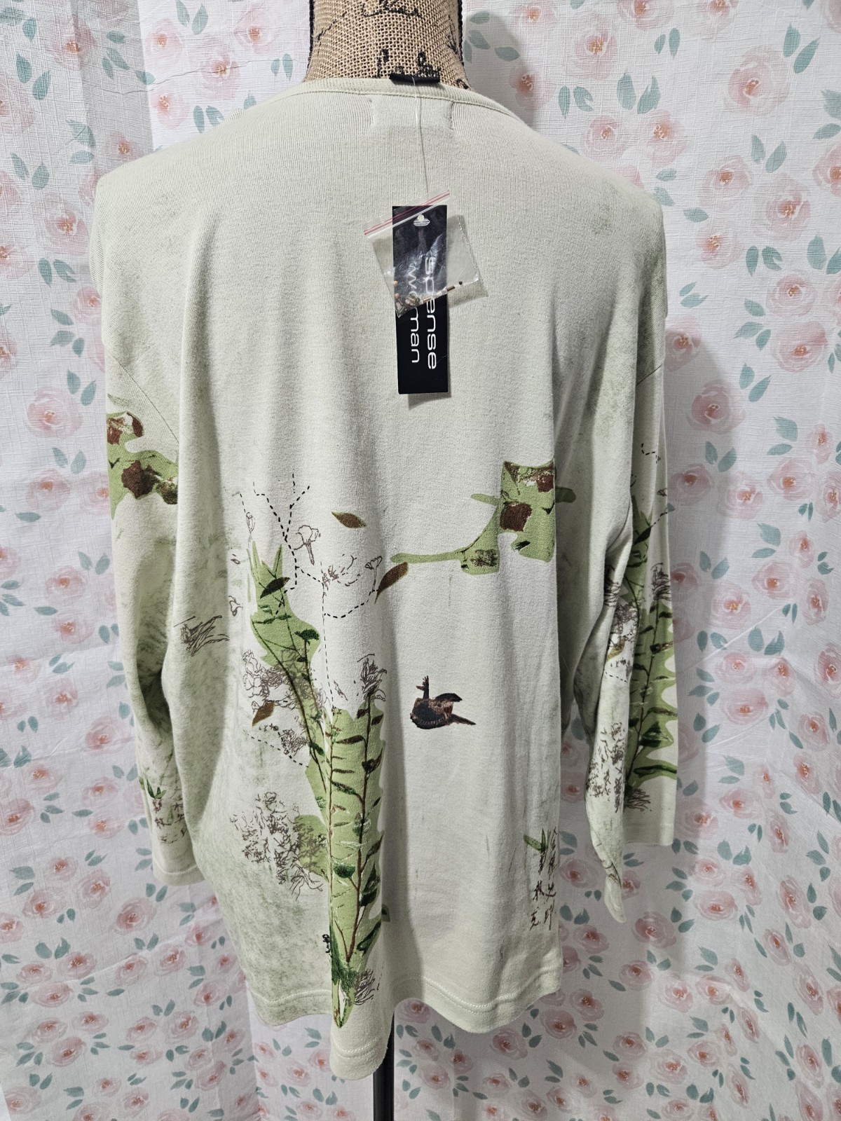 SPENSE, WOMEN’S NEW OLIVE GREEN COTTON LONG SLEEVED BEADED BIRD TOP, SIZE 3X