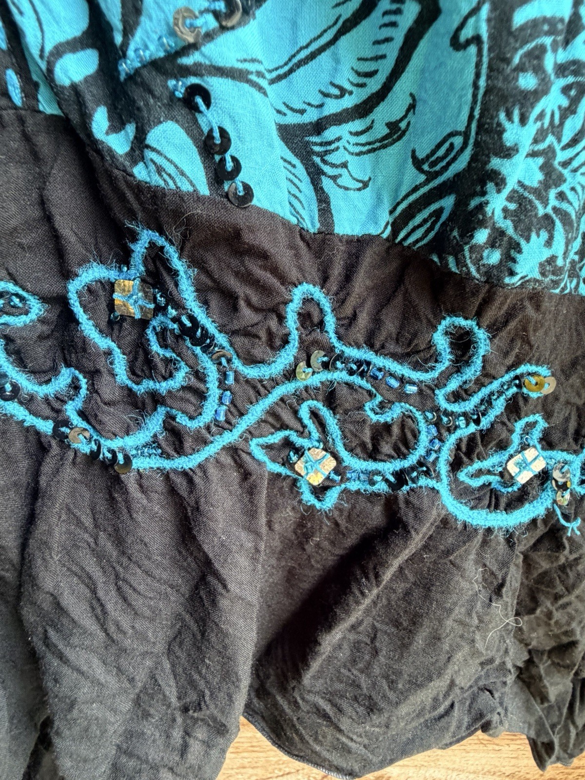 Krista Lee Teal and Black Floral Blouse XL Bohemian Flowy Lightweight