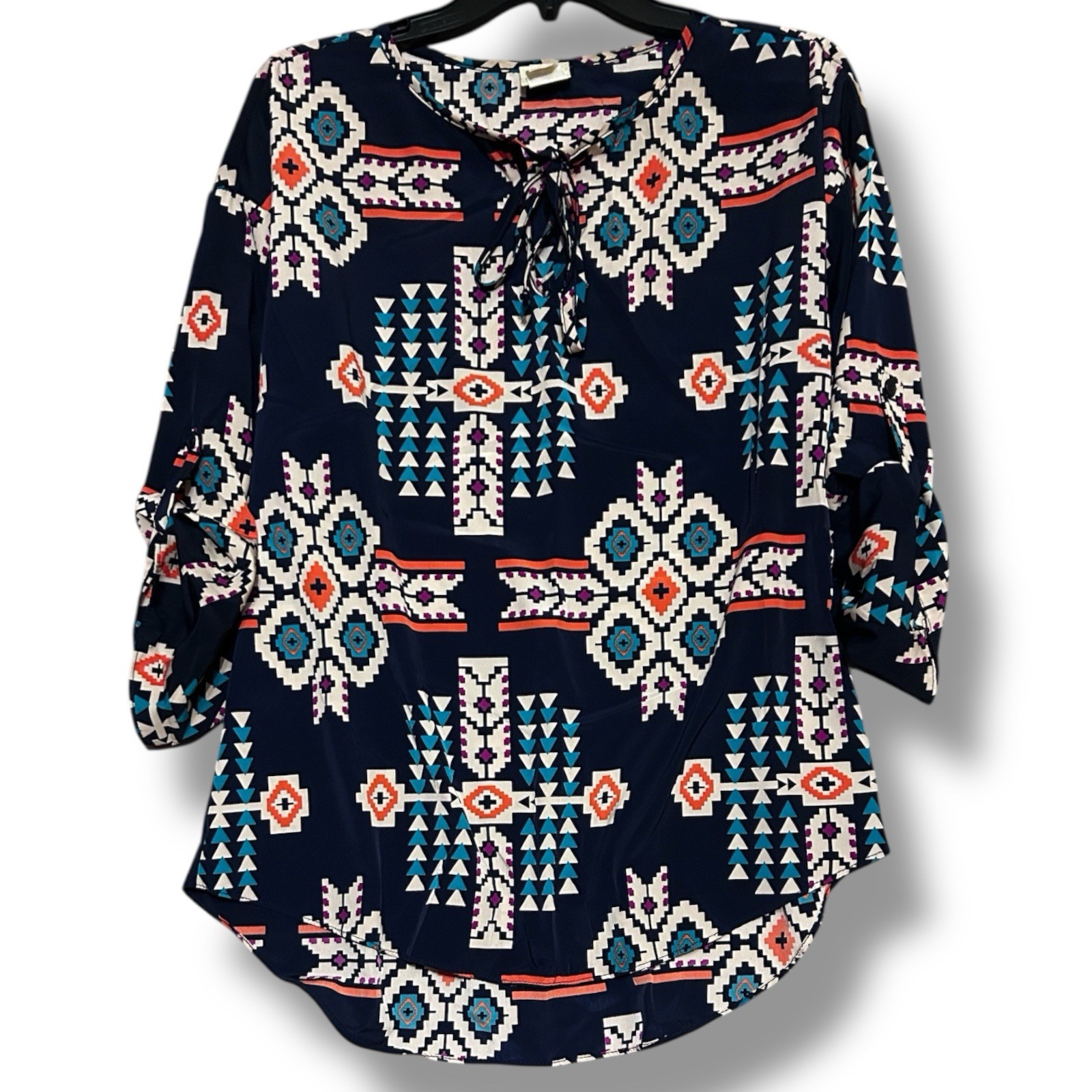 Daytrip Size Medium Top Aztec Print Tie Neck Roll Tab Slv Tribal Boho Western