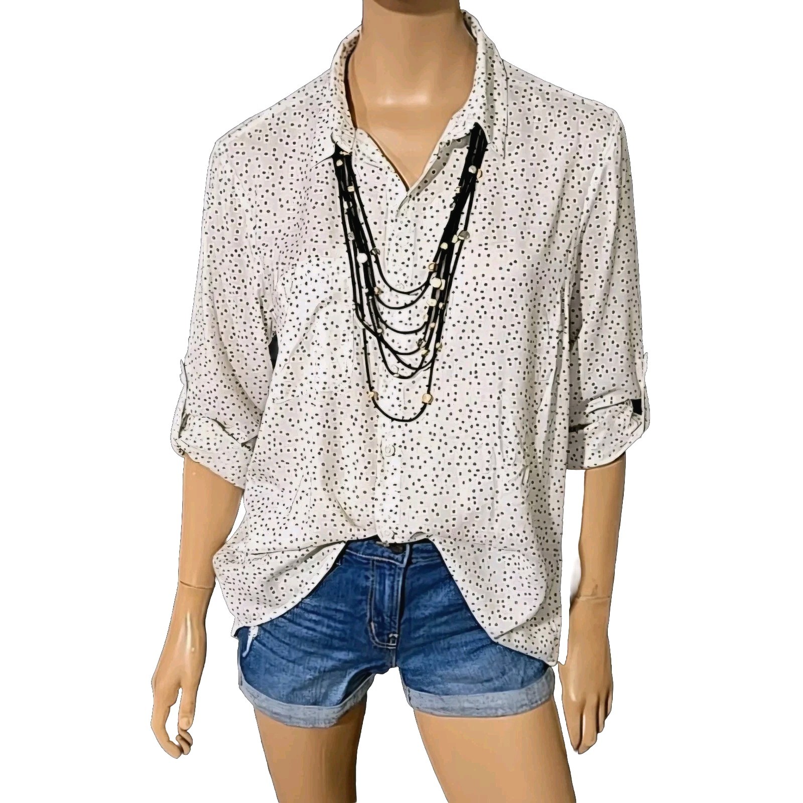 BEACH LUNCH LOUNGE Button Up Roll Tab Sleeve Split Back Shirt Polka Dot sz L/XL