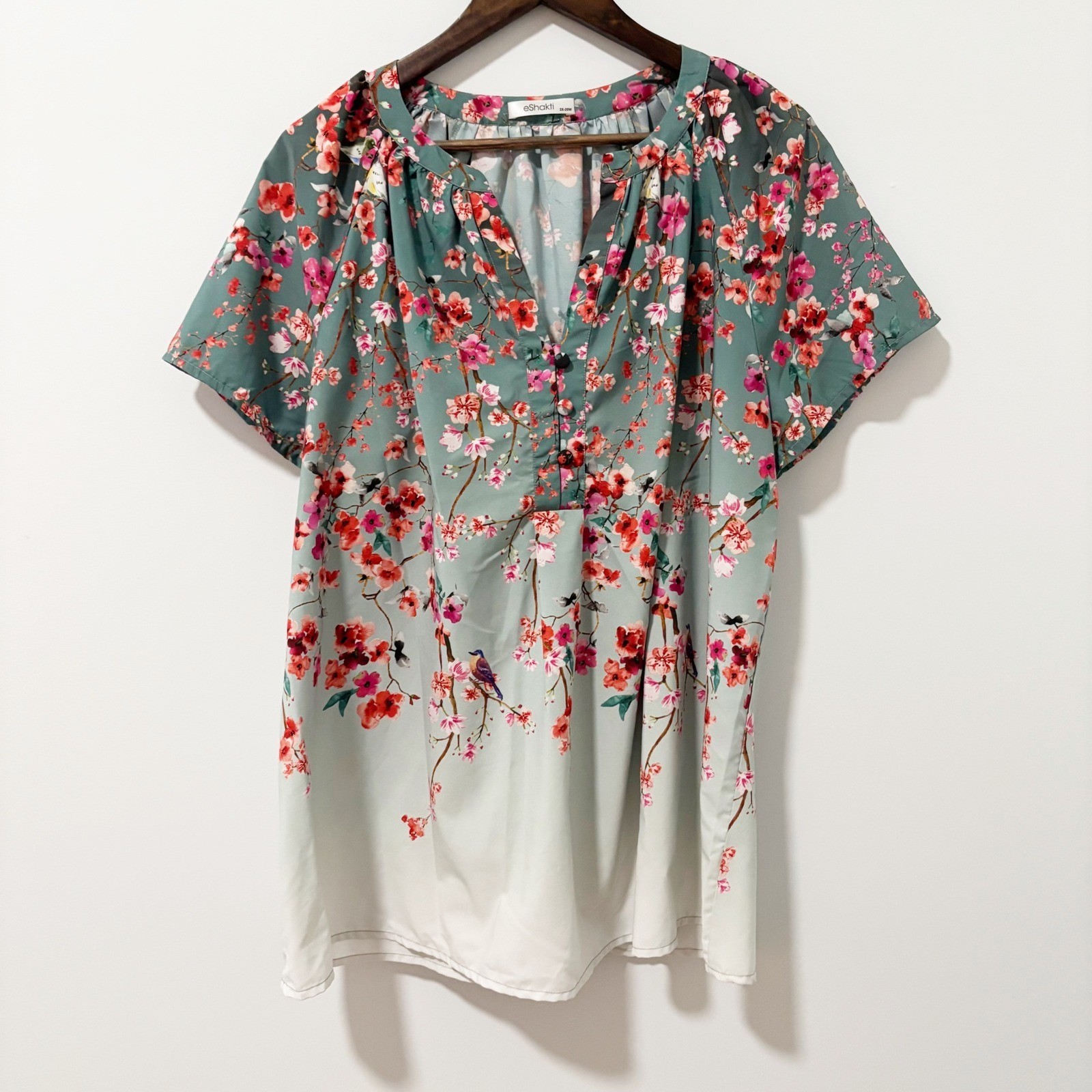 eShakti Womens 2X 20W Floral Bird Ombre Blouse Sage Green Pink Short Sleeve Top