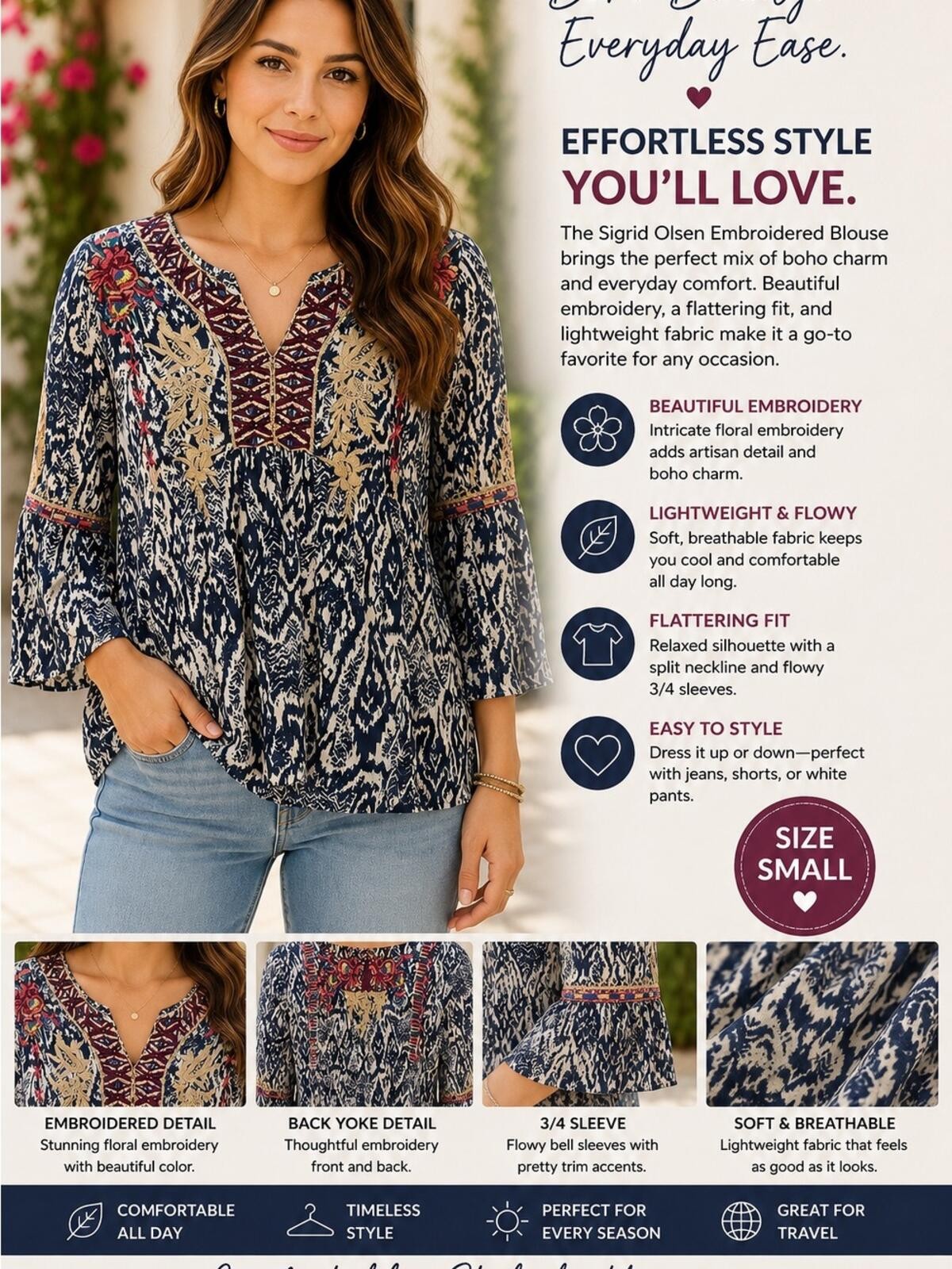 Sigrid Olsen Navy Multicolor Embroidered Peasant Blouse