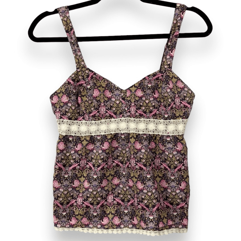 Paper Denim + Cloth Boho Paisley Floral Tank Top 1 Womens Lace Trim Button Strap