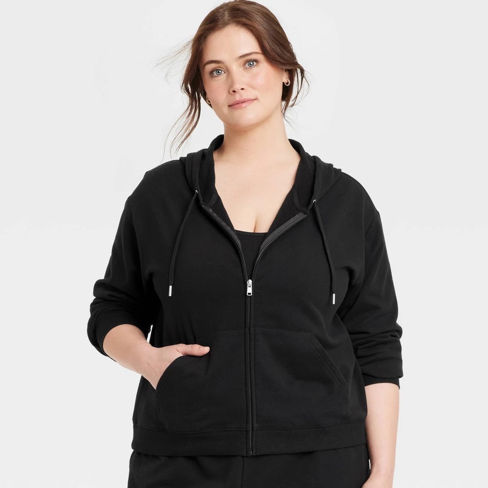 Auden Women’s Hooded Fleece Zip-up Sweatshirt – Black 1X, Cotton Blend, Front
