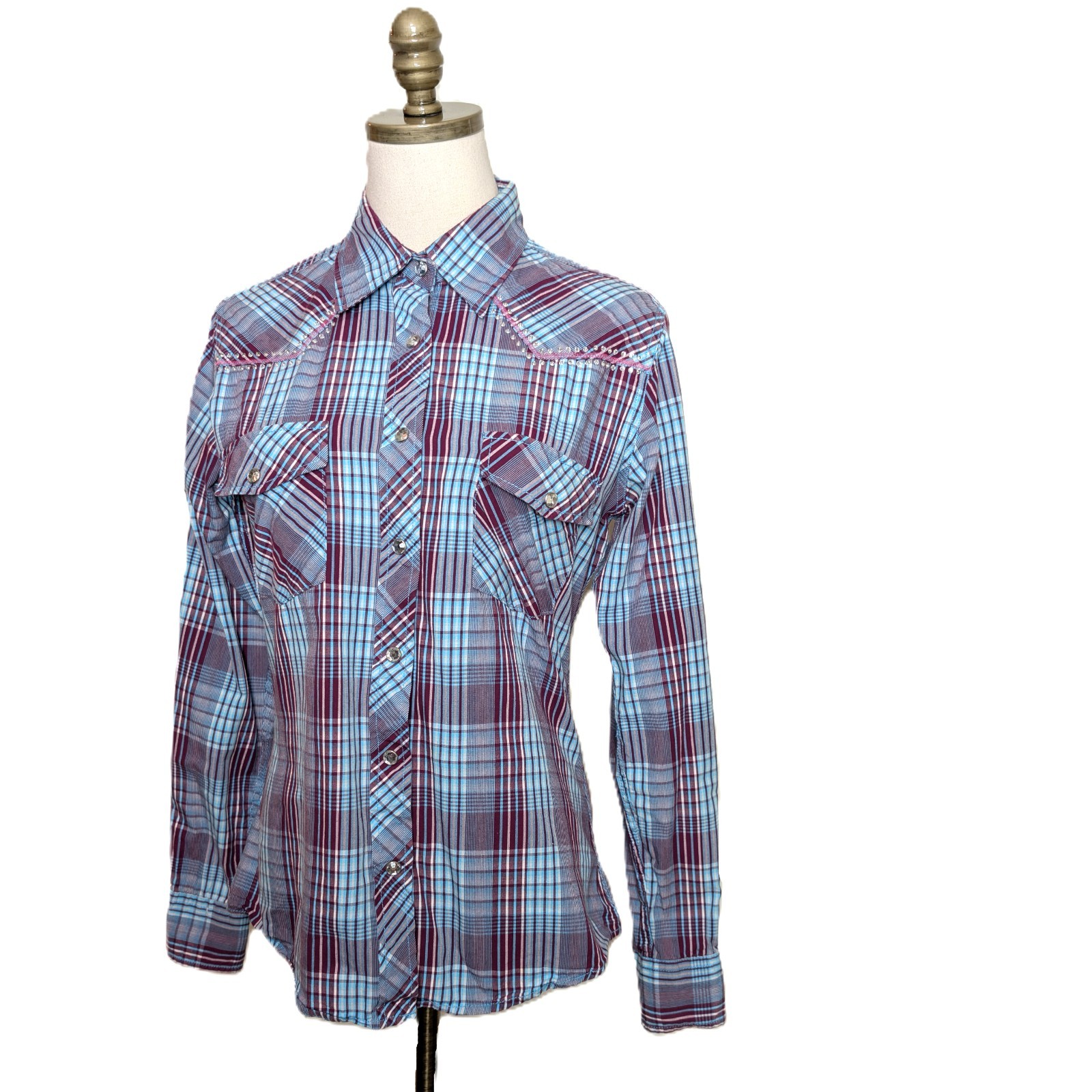 Cowgirl Hardware Western Shirt Women Size S/M Blue Purple Plaid Rhinestones