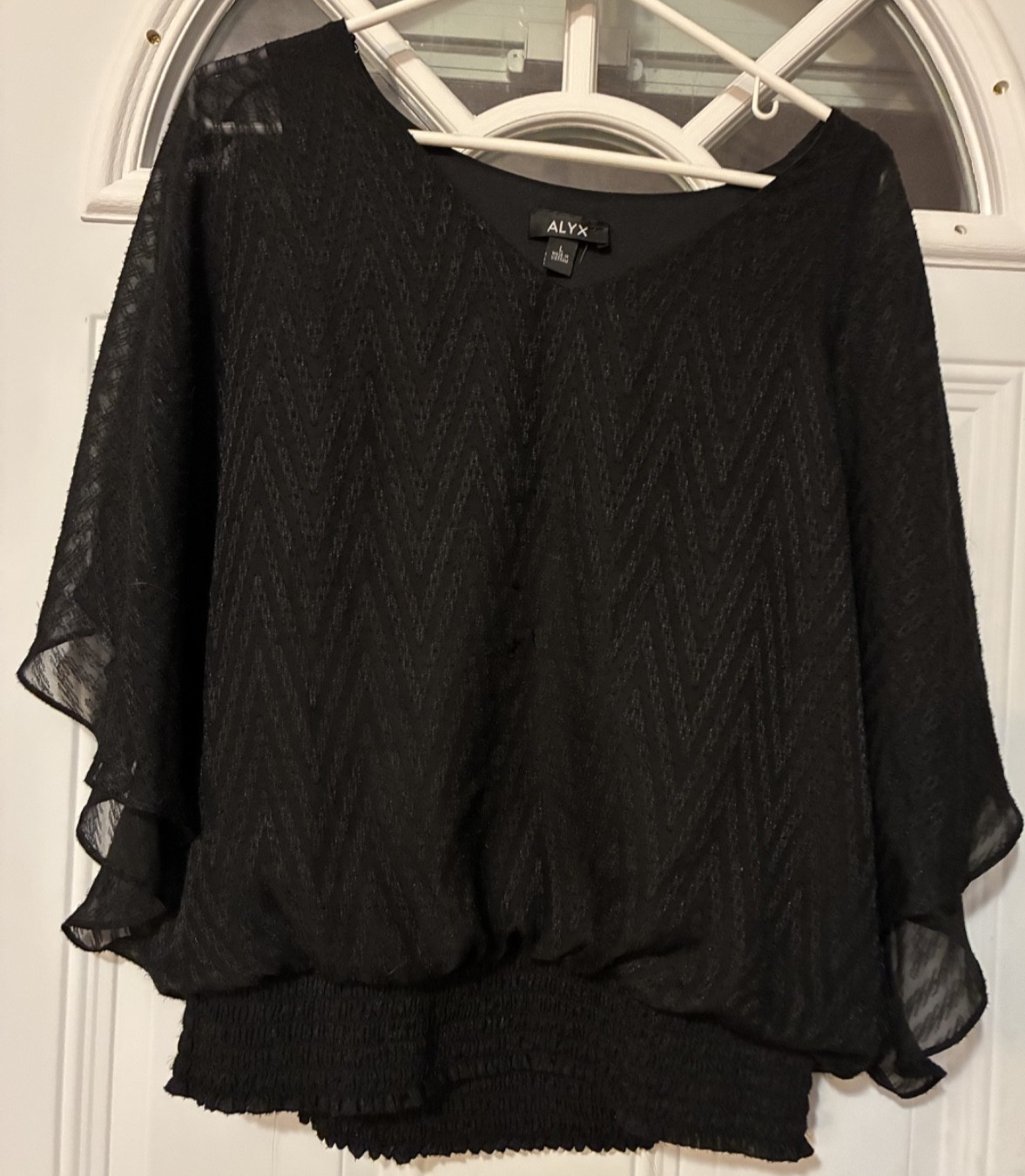 ALYX Women’s Size L Cape Top Blouse Black W/Black Lining and Shirred Waist