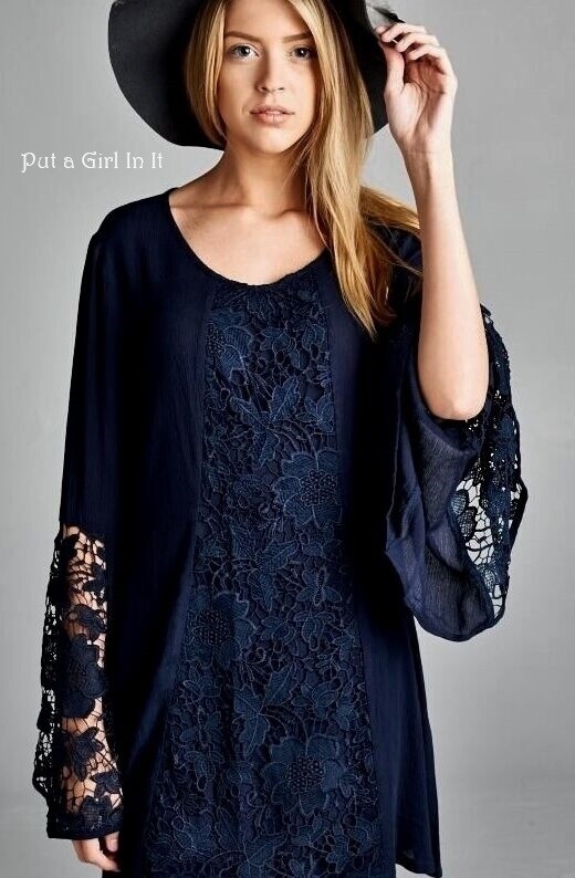 New Womens VELZERA Plus Size NAVY BLUE CROCHETED LACE SHIRT TUNIC S M 1X 2X