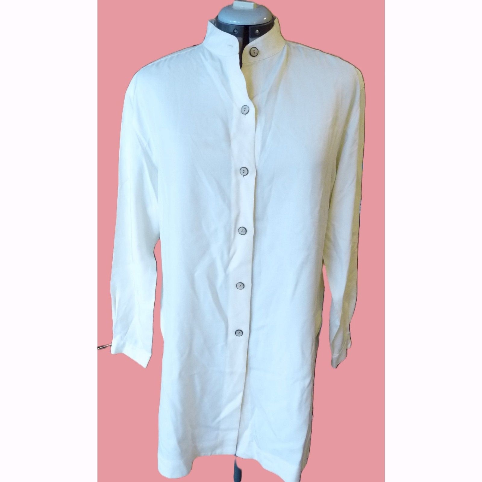 Linda Allard Ellen Tracy Cream 100% Silk Minimalist Tab Collar Tunic Shirt 12 L