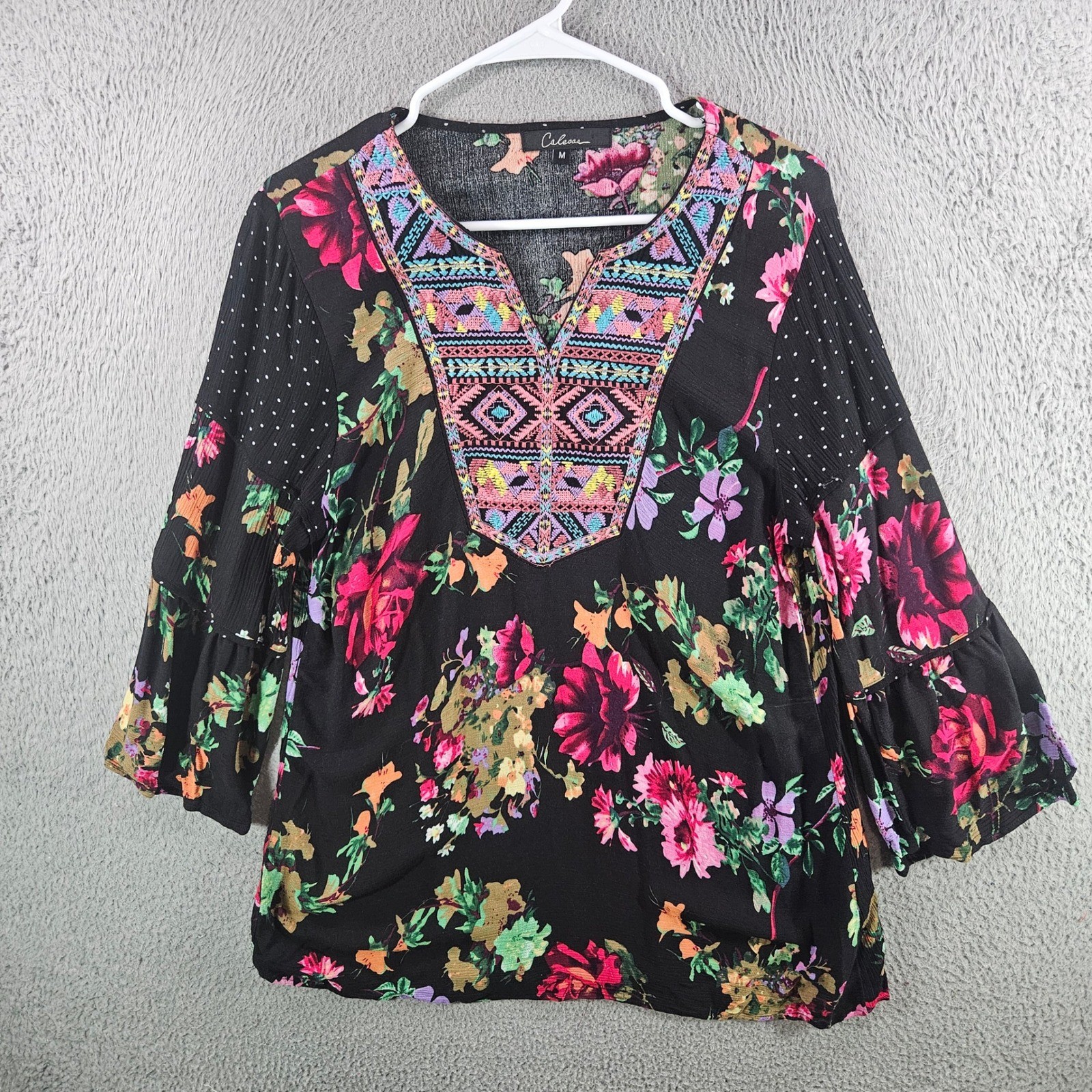 Calessa Womens Floral Embroidered V-Neck Blouse Black Rayon Bell Sleeve Top M