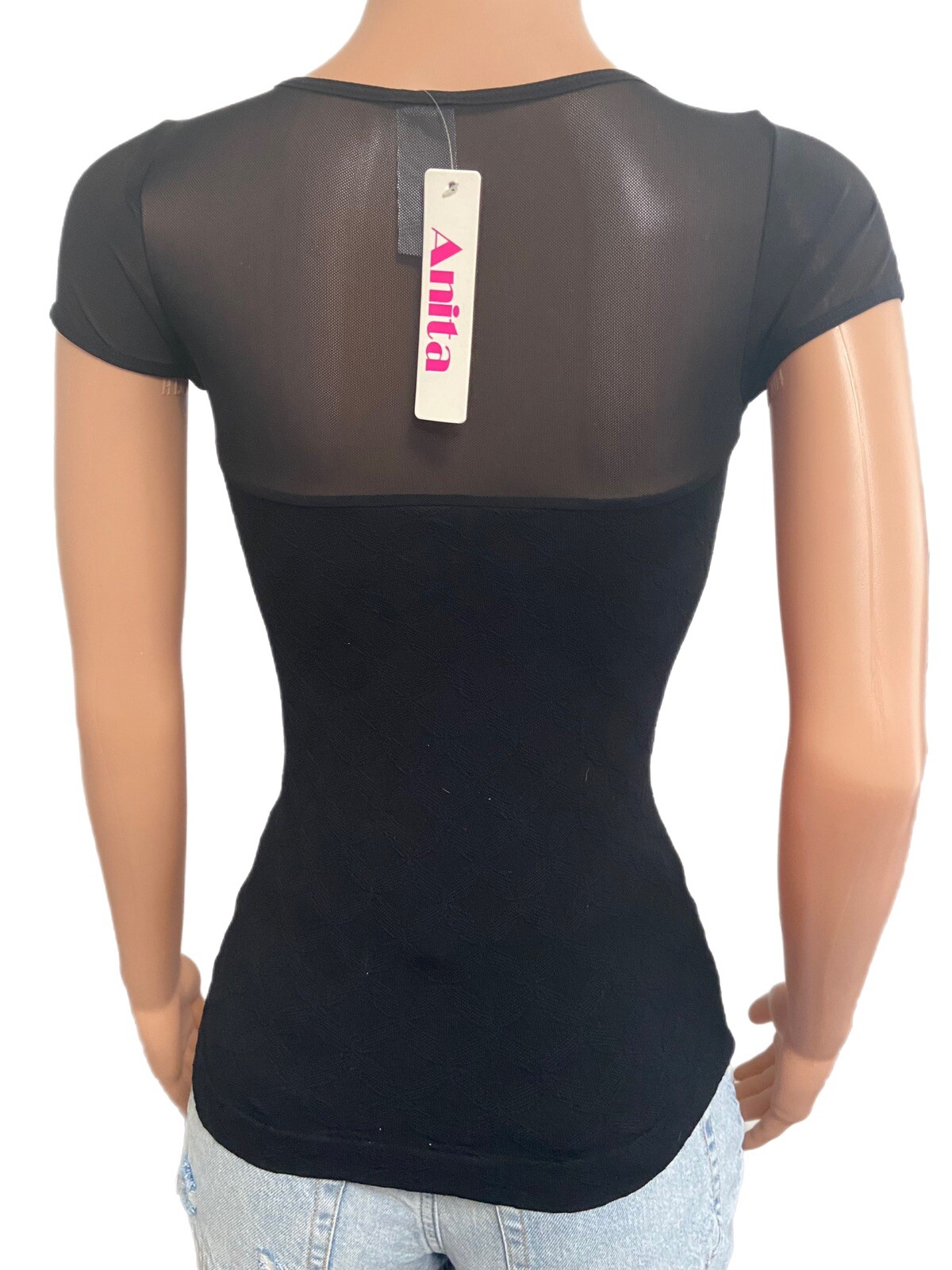 Y2K Black Mesh Tonal Textured sweetheart S/S Seamless Fitted Top New O/s 2-8