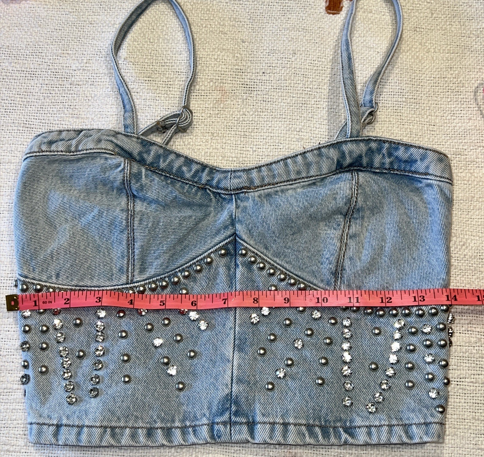 NWT BLANK NYC Light Wash Starstruck Embellished Denim Crop Top MED Festival Hot
