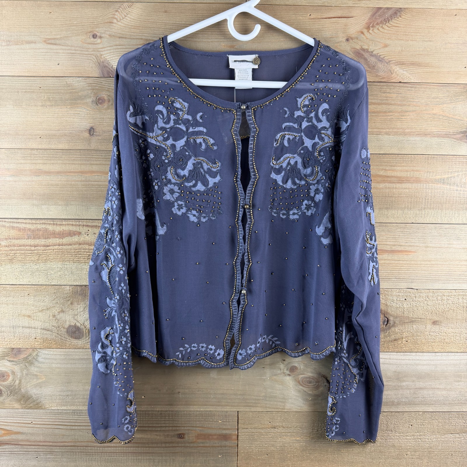 Soft Surroundings Womens Shirt Button Up Embellished Beaded Sheer Elegant Large