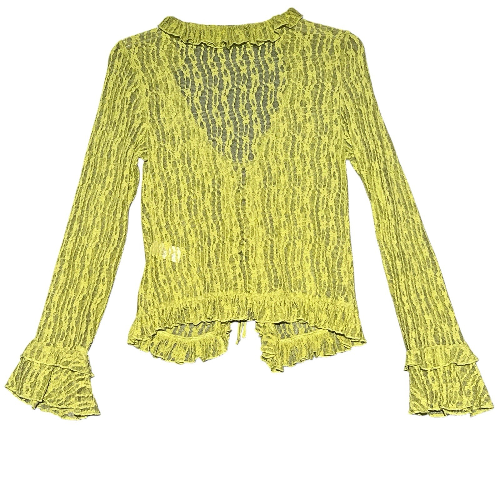 ASTR THE LABEL Chartreuse Green Lace Tie Front Blouse Flounce Sleeve Avocado S