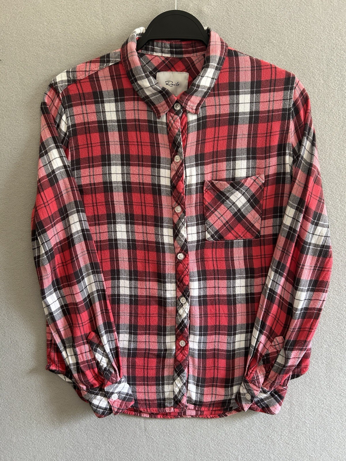 Rails Hunter Plaid Button Front Shirt Womens Medium Red Pink Rayon Long Sleeve