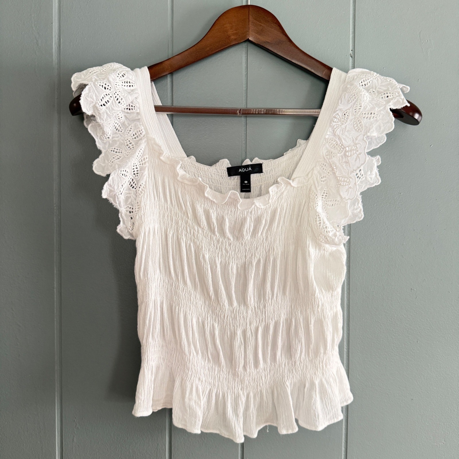 AQUA Bloomingdales Smocked Dainty White Top Shirt Small Cropped Eyelet Flutter