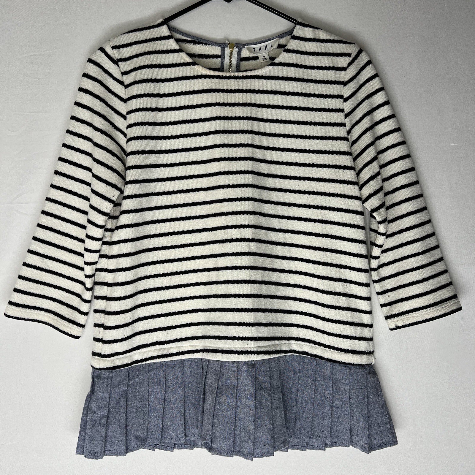 THML Sweater Womens S Striped Knit Contrast Pleated Hem Exposed Gold Zipper