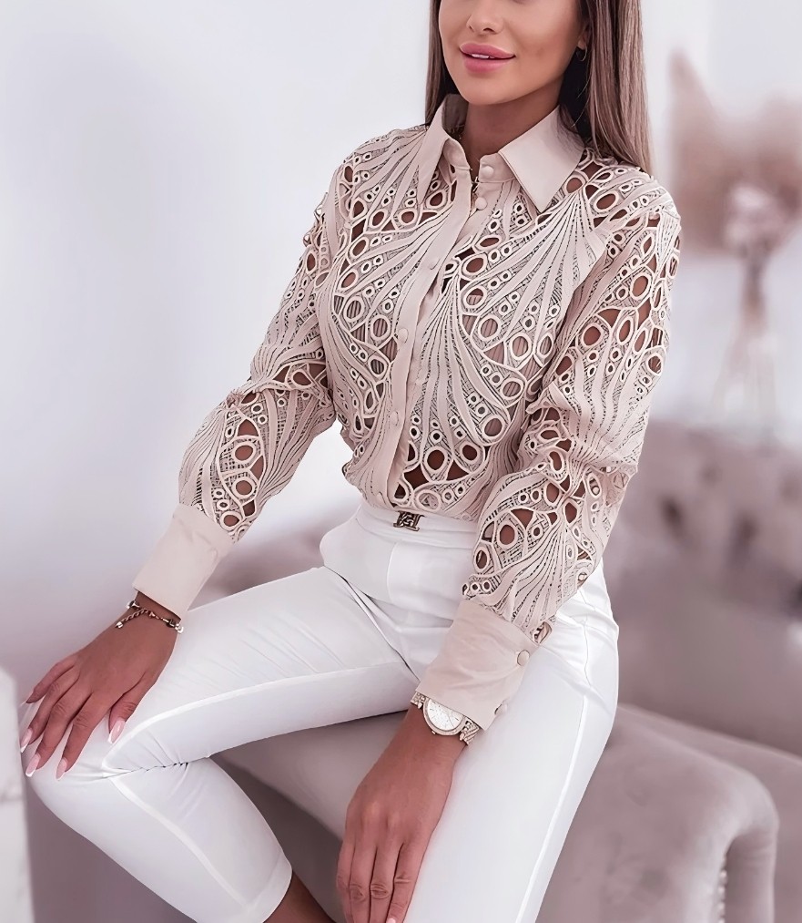 Blouses Hollowed Out Long Sleeved Shirt Solid Button Up Lapel Open Front Camisas