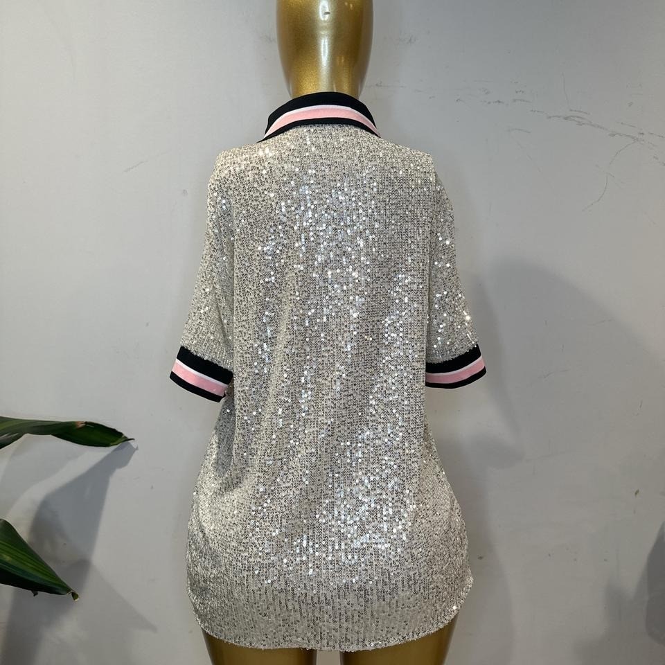 Silver sequin polo shirt with pink and black trim NEW LARGE