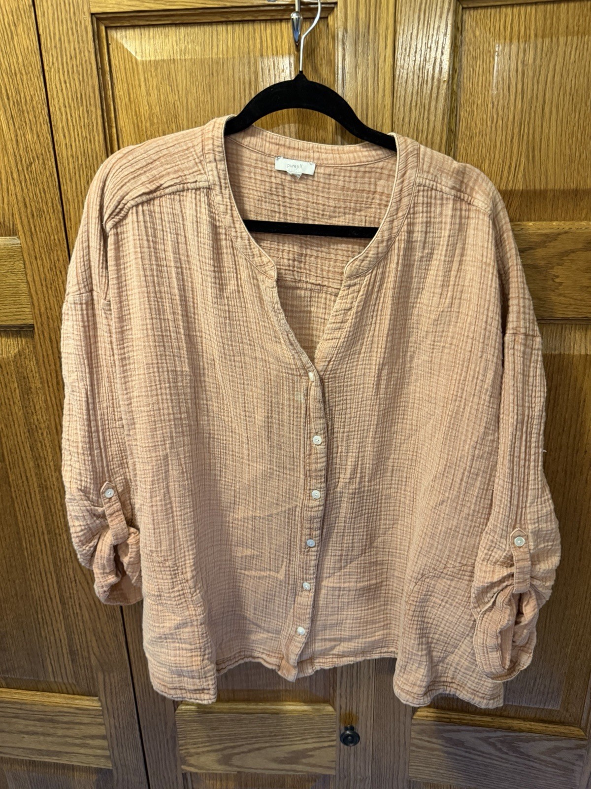 Pure Jill Women’s Pink Solid Cotton Woven Button-Up V-Neck Roll Tab 3/4 Blouse