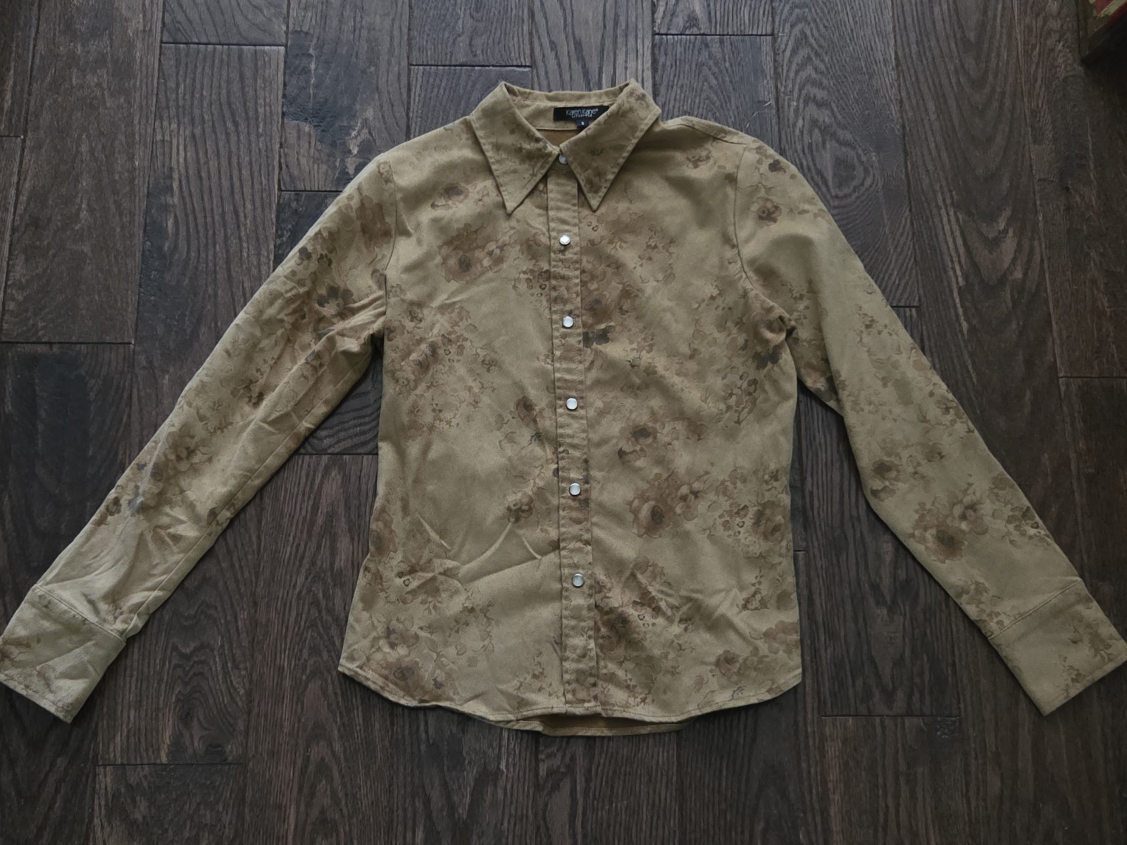 🤎Karen Kane Lifestyle Floral Faux Suede Western Snap Shirt Tan Small S Boho🤎