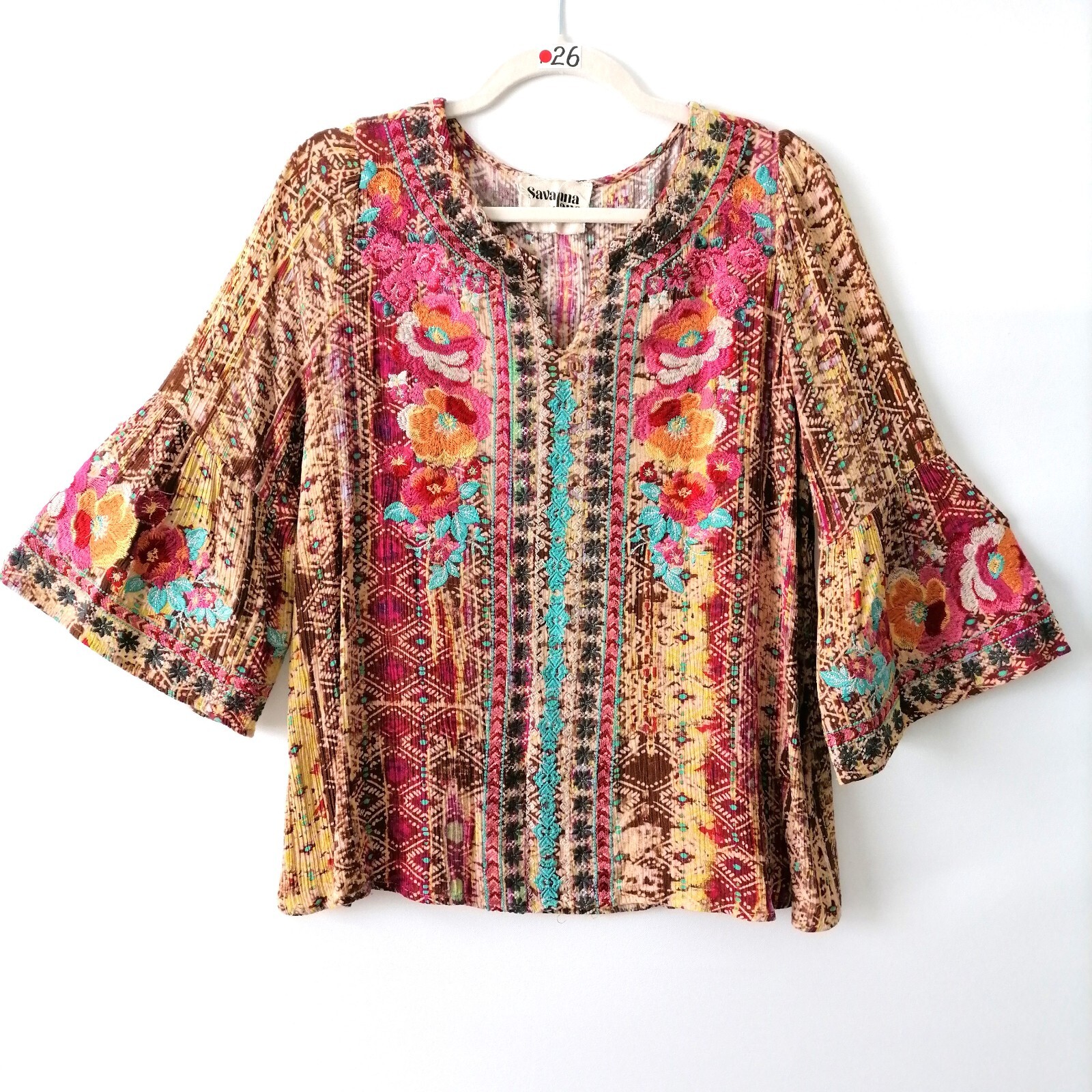 Savanna Jane Womens Embroidered Argyle Diamond Bell Sleeve Blouse Top Size S
