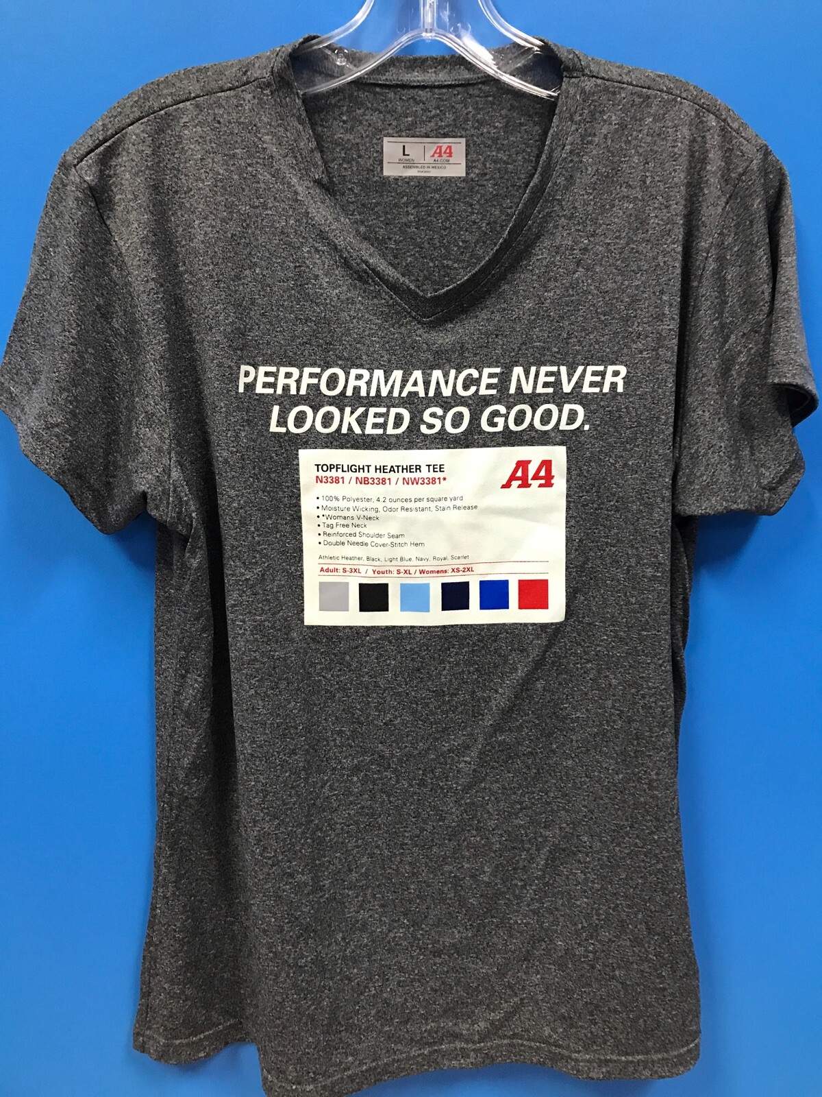 NEW A4 100% Polyester Women’s Sample T-Shirt Color Dark Heather Grey Size L LG