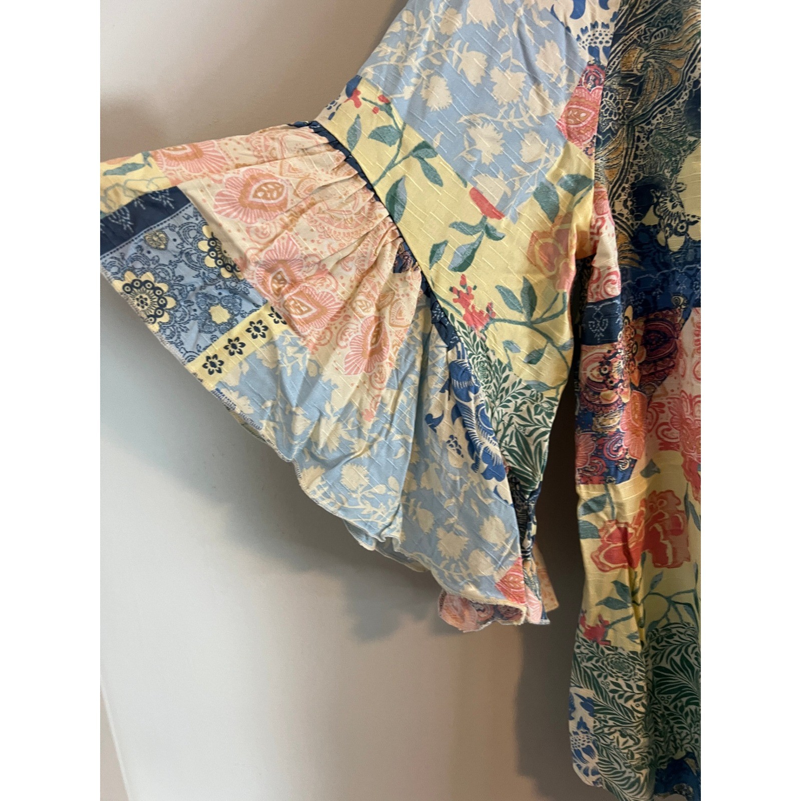 Cato Womens M Patchwork Floral Paisley Smocked Ruffle Bell Sleeve Blouse NWT
