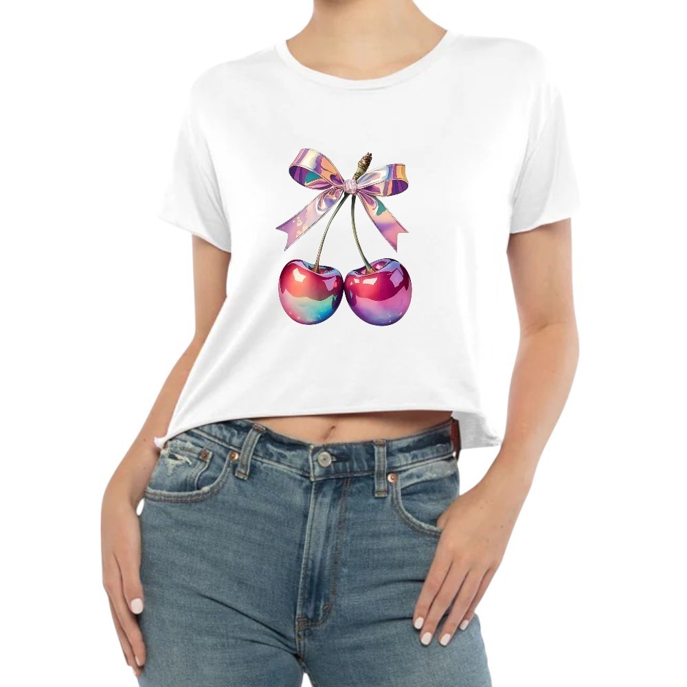 Lanna Brown Style T-Shirt Womens XL White Iridescent Cherry Bow Graphic Crop Top