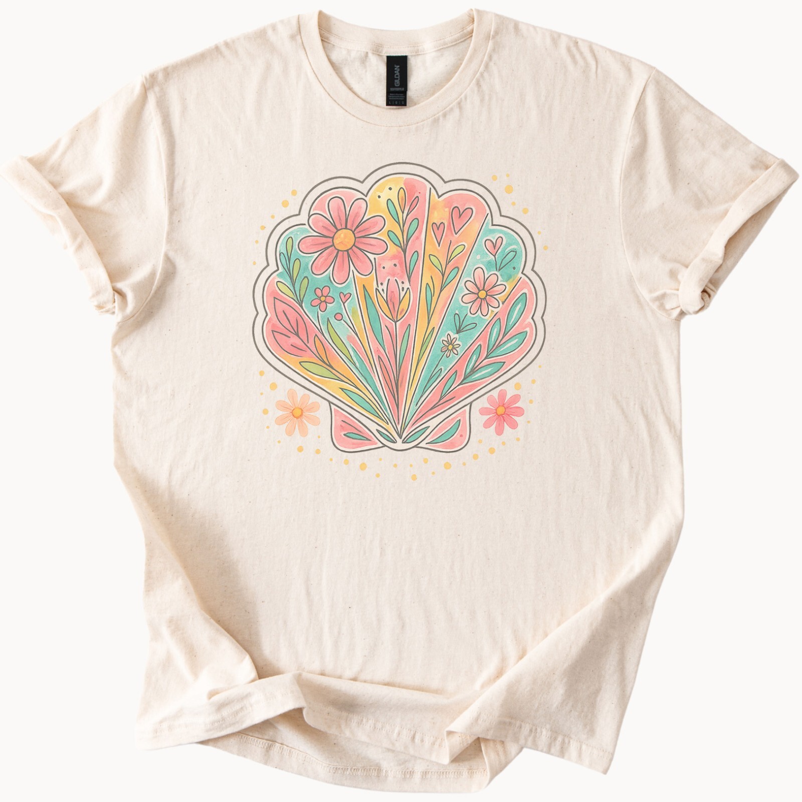 Floral Seashell Graphic T Shirt Pastel Beach Flower Art Boho Nature Tee