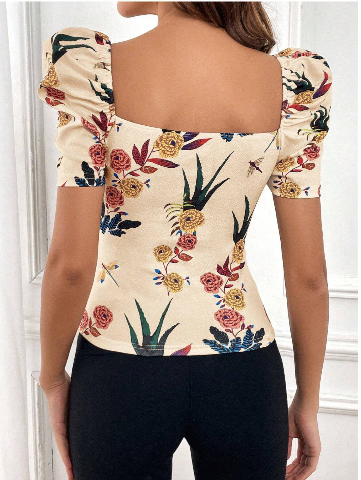 Multicor Privé Floral Print Sweetheart Neck Puff Sleeve Summer Tee Sz XS S M LXL