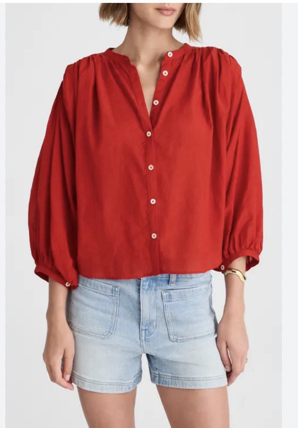 MADEWELL Shirred Balloon-Sleeve Top M Red Button-Up Blouse New Boho Peasant