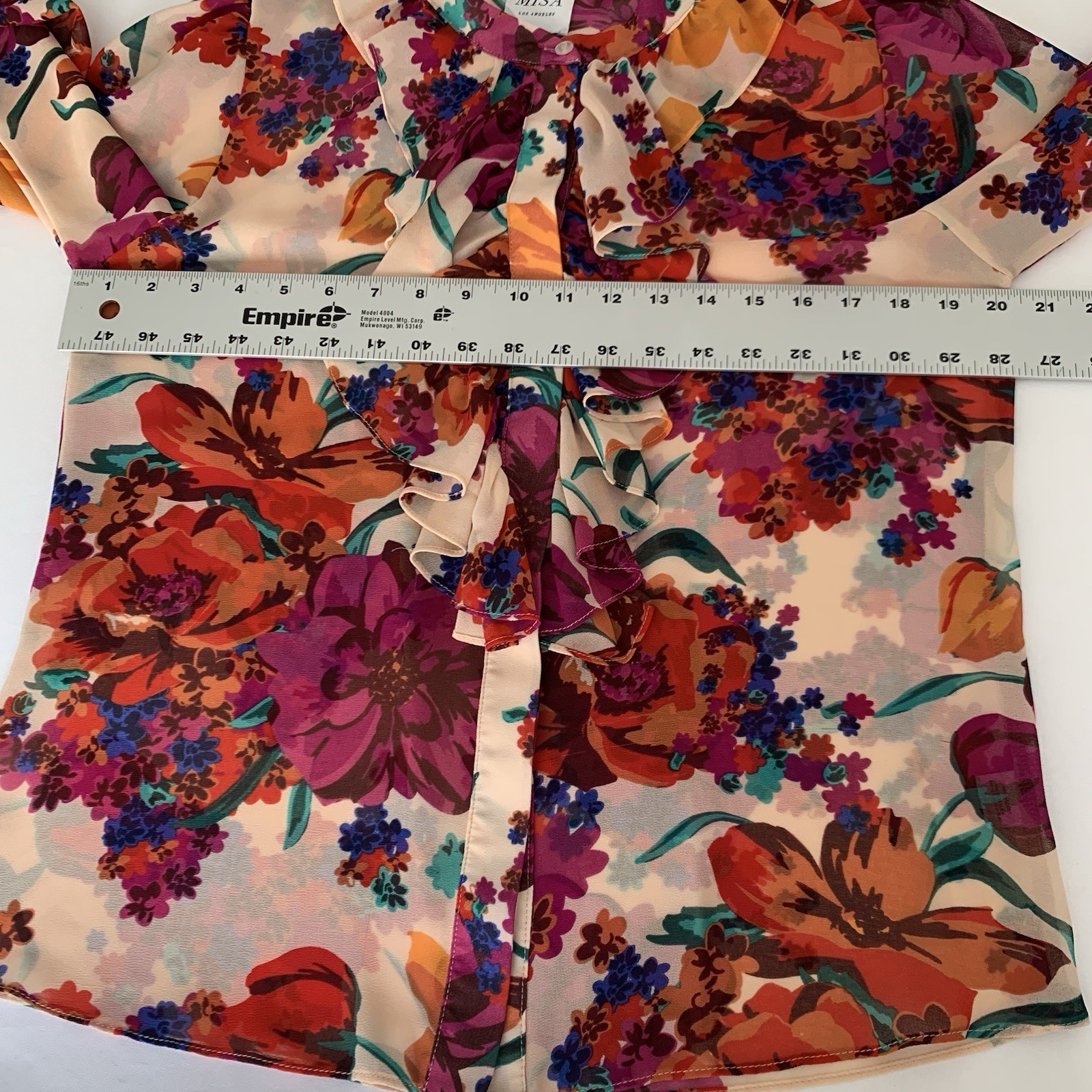 MISA Los Angeles Blouse L Button Sheer Nude Purple Floral Colorful Feminine Chic