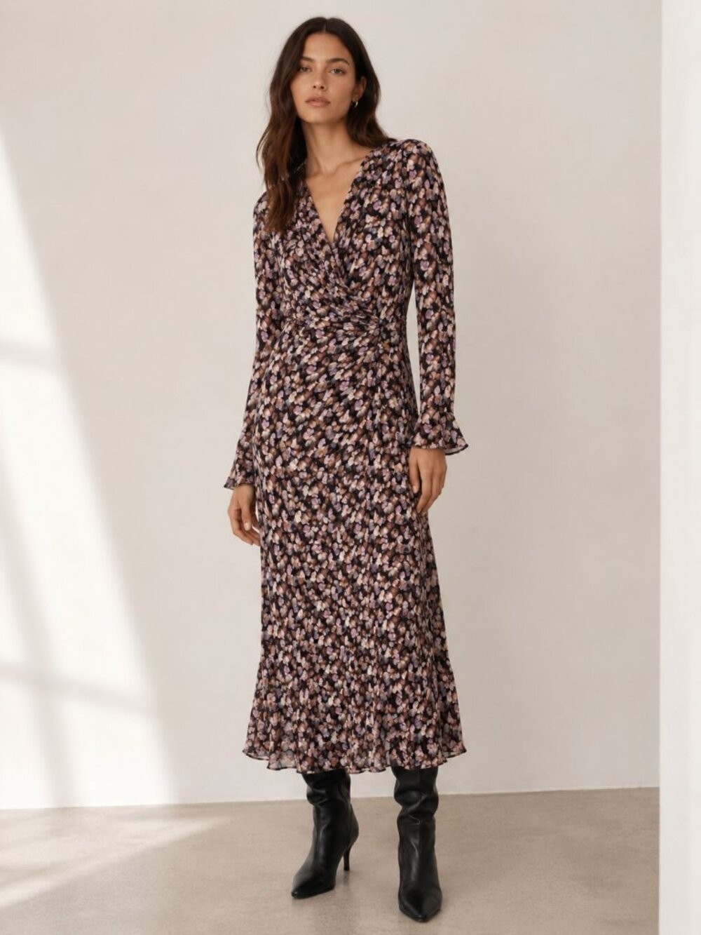 VINCE Floral Wrap Midi Dress Size 8 | Silk Blend | Quiet Luxury | Parisian 0728