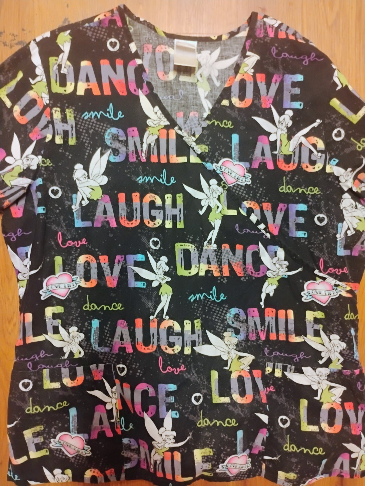 Women’s XL Tinker Bell Print Black/Multicolor Short Sleeve Scrub top