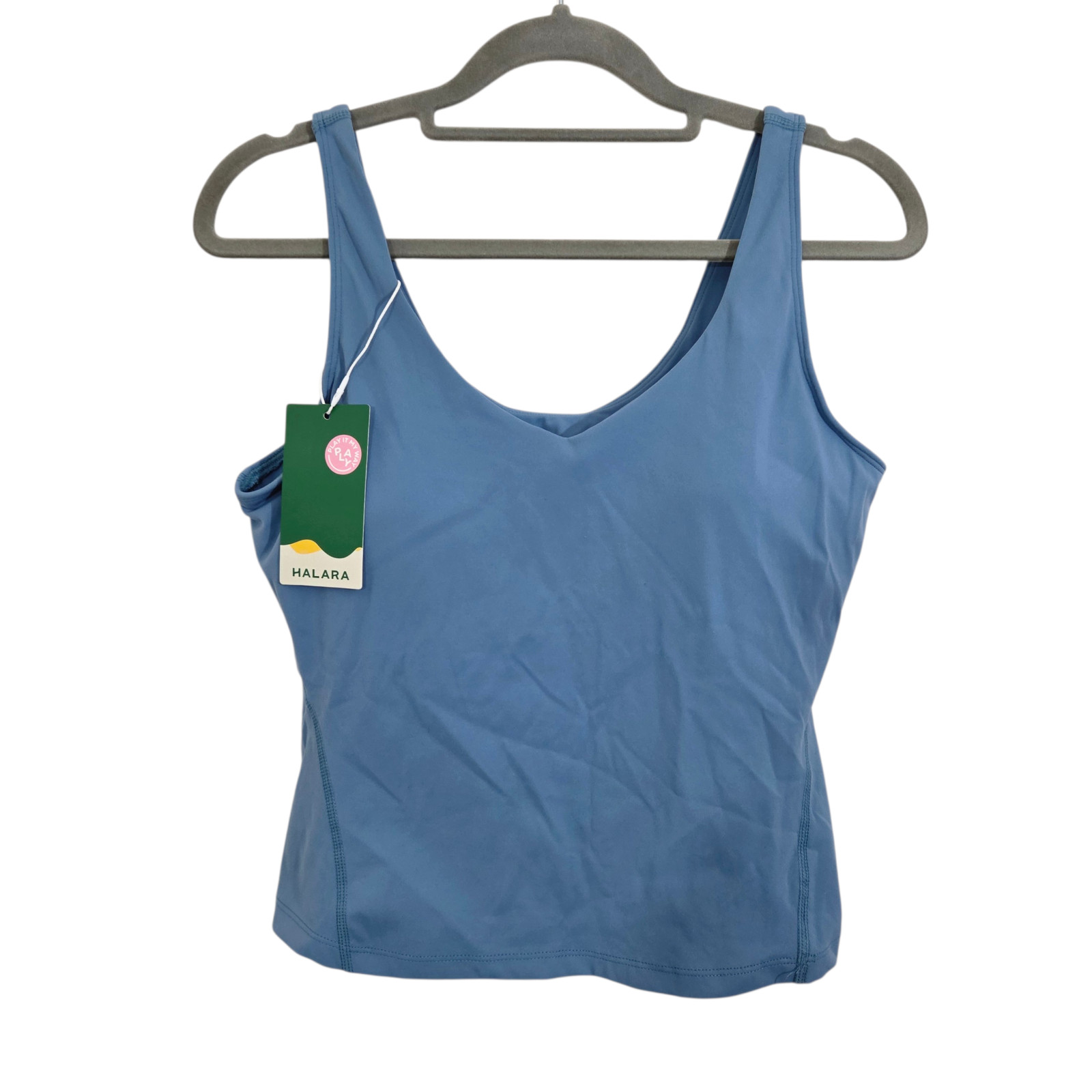 NWT Halara SoftlyZero Plush Padded V Neck Plain Tank Top Warm Mid Blue Medium
