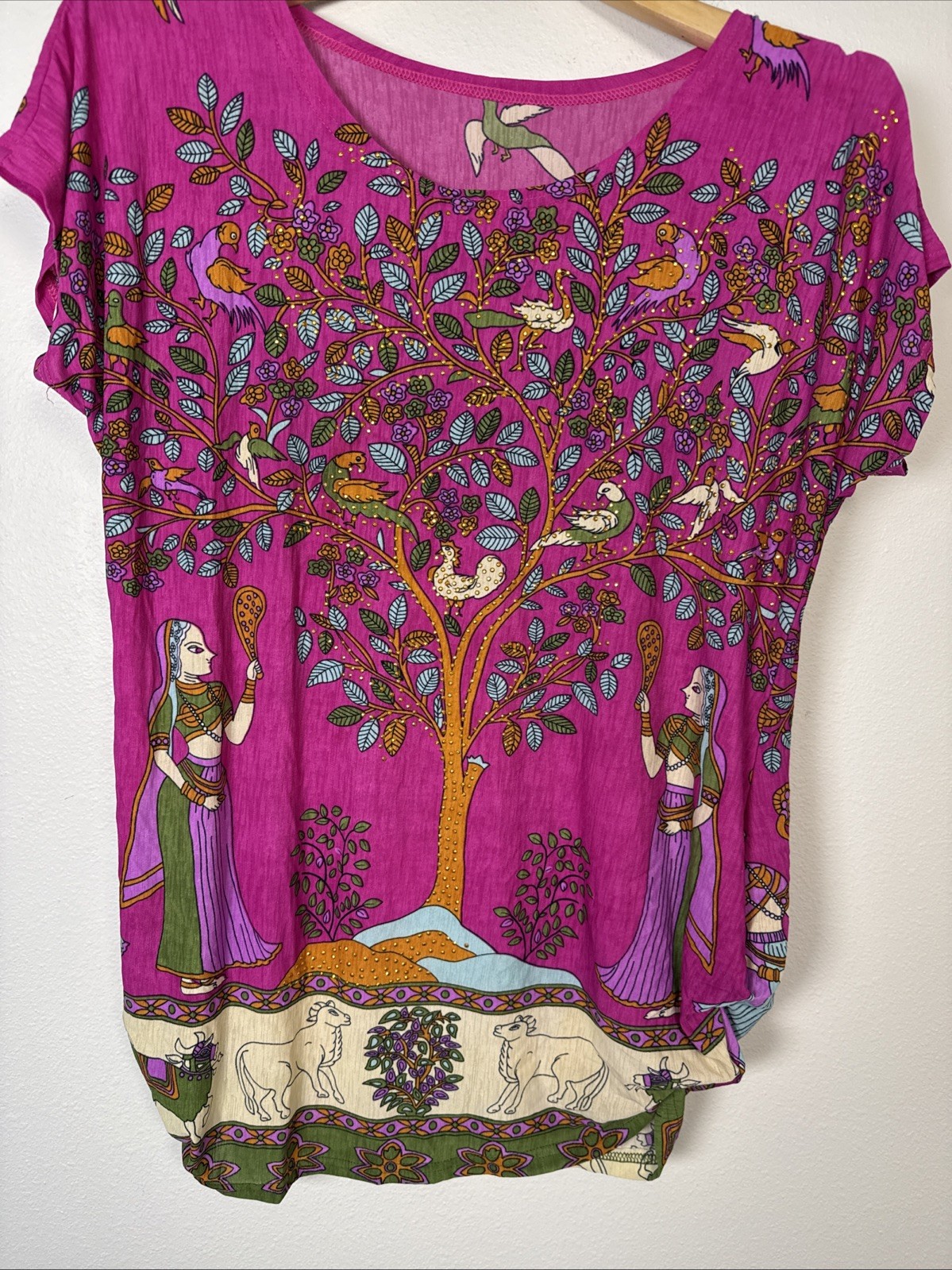 Tree of Life Silk Blouse Kalamkari Madhubani India Lady- Birds -Cow Gold Studded