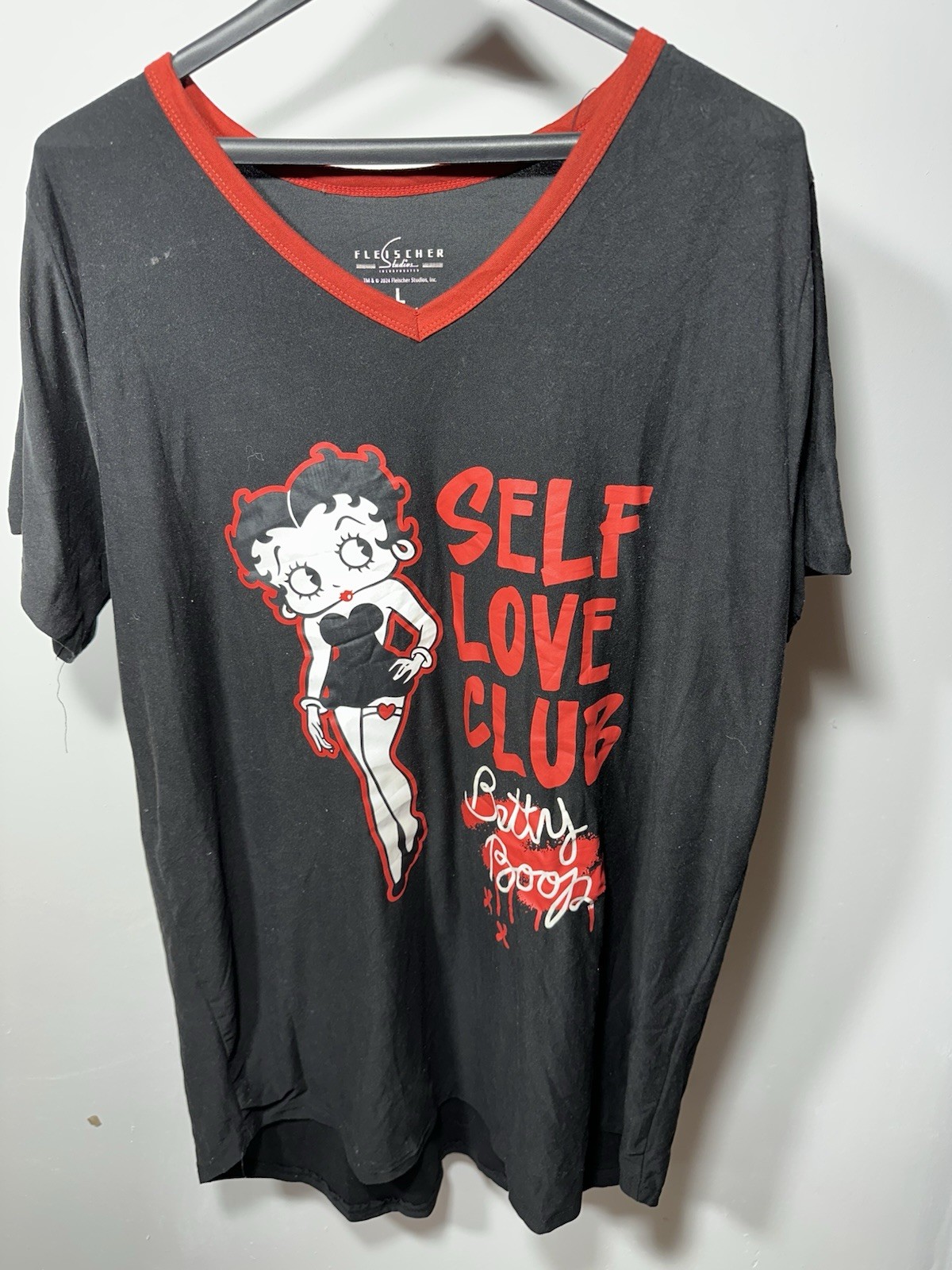 Fleischer Studios Betty Boop Self Love Club Black Red V-Neck Sleep Shirt L