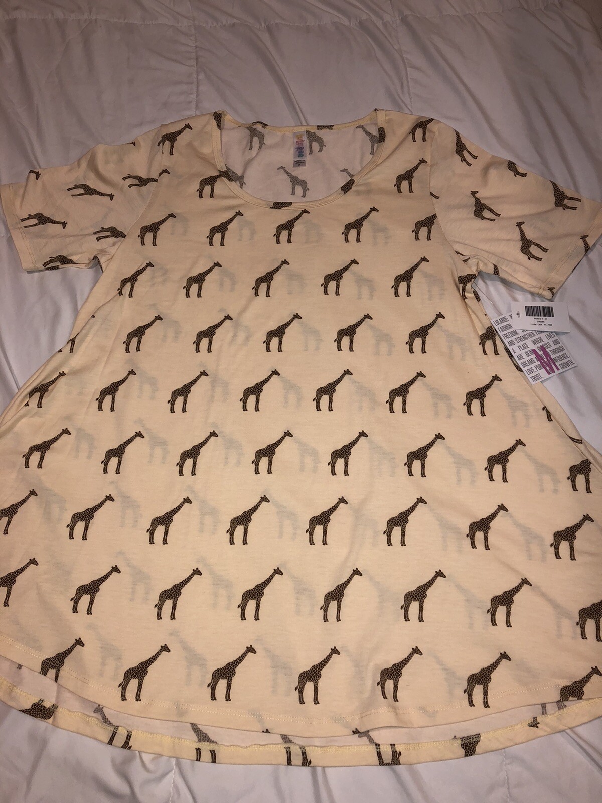 Women’s Lularoe Perfect T Shirt Beige Brown Giraffe Unicorn Tunic M 12-18 Animal