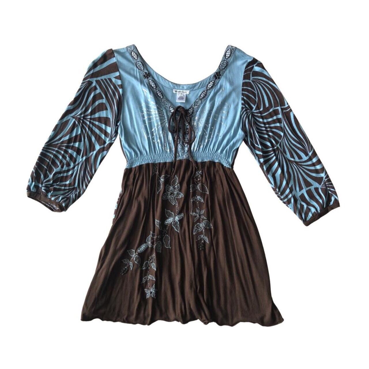 Women’s Tunic Top Blue/Brown/Silver Krista Lee Boho Embroidery Beads Size M