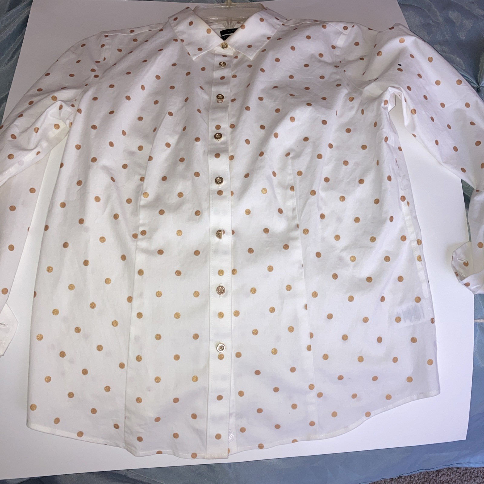 Talbots Women’s Blouse, Button Up W Collar, Size 8P S Polka Dot Pattern, VG